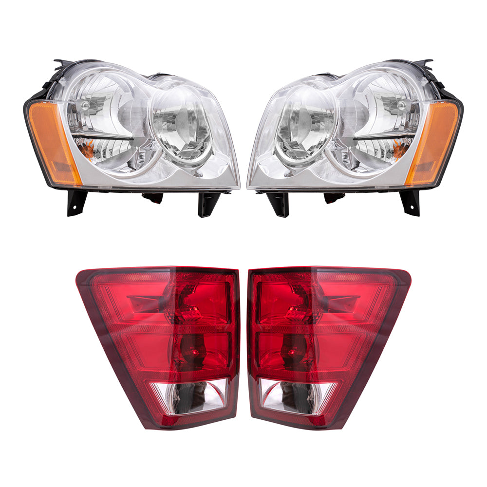 Brock Replacement Driver and Passenger Side Halogen Combination Headlight Assemblies and Tail Light Assemblies 4 Piece Set Compatible with 2005-2006 Grand Cherokee