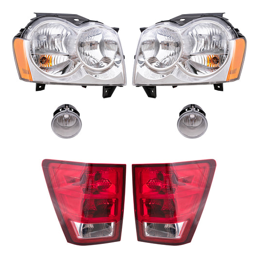Brock Replacement Driver and Passenger Side Halogen Combination Headlights, Fog Lights and Tail Lights 6 Piece Set Compatible with 2005-2006 Jeep Grand Cherokee