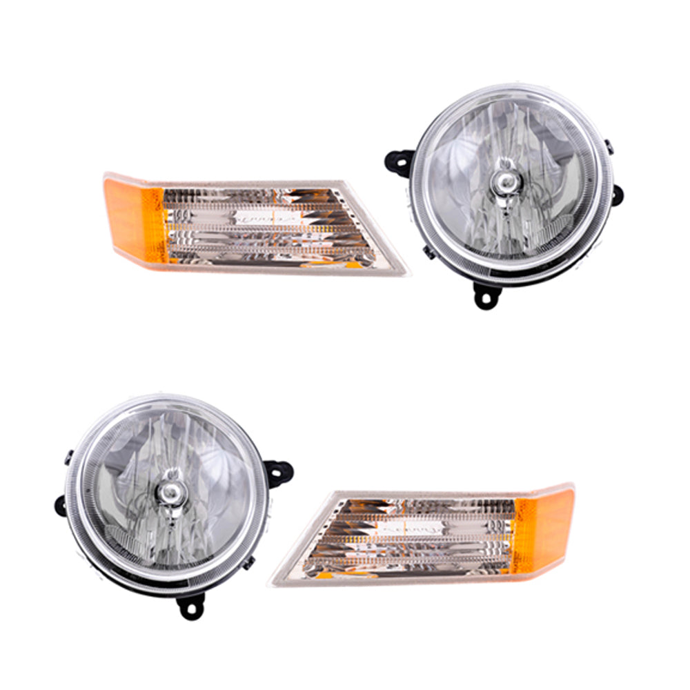 Brock Replacement Driver and Passenger Side Halogen Headlight Assemblies without Leveling and Park Signal Marker Lights 4 Piece Set Compatible with 2007-2017 Patriot