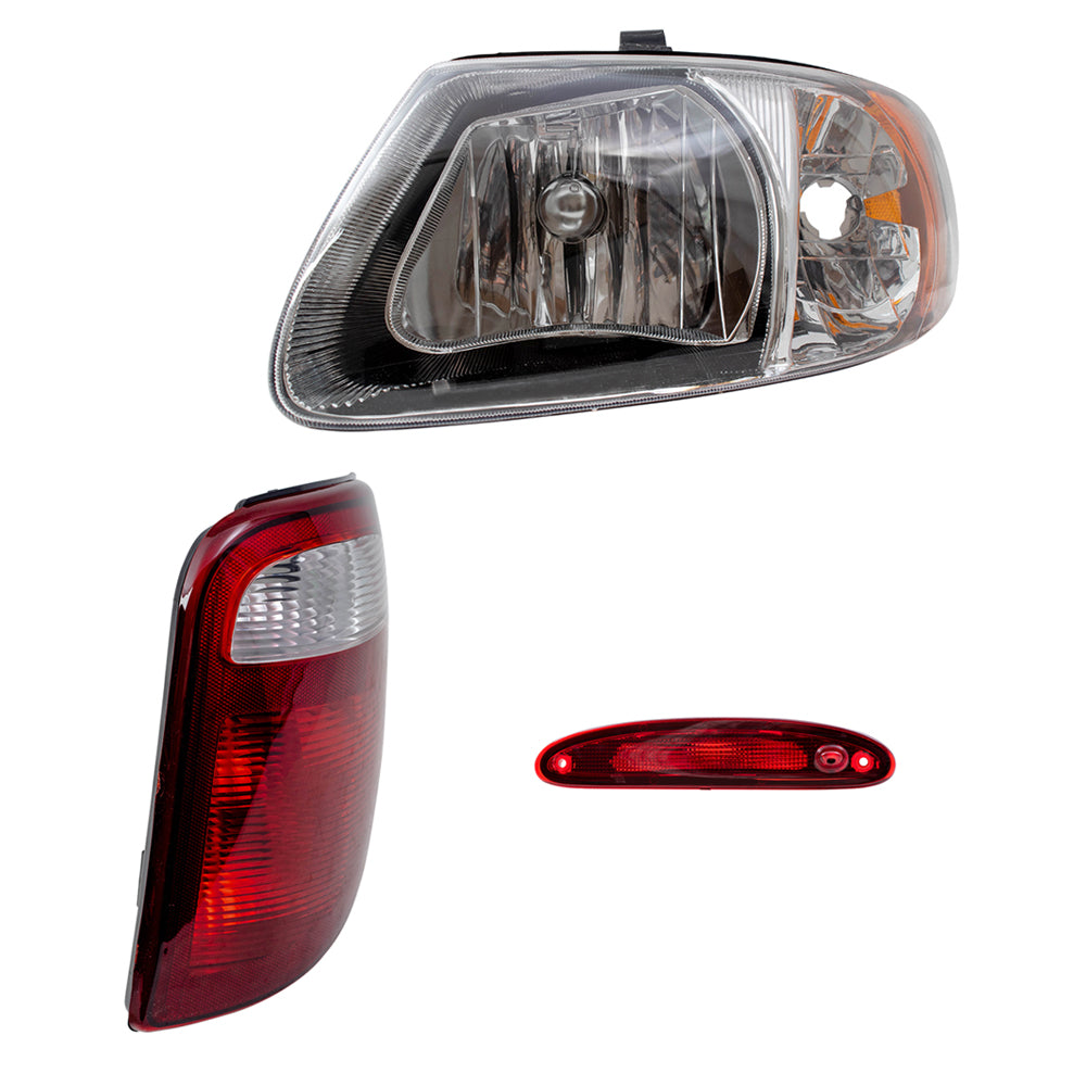 Brock Replacement Headlights and Tail Lights with 3rd Brake Lamp Compatible with 2001 2002 2003 Caravan Town & Country Voyager