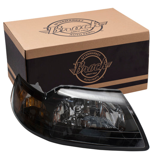 Brock Replacement Passengers Halogen Headlight with Smoked Lens with Black Bezel Compatible with 1999-2004 Mustang 3R3Z 13008 CA