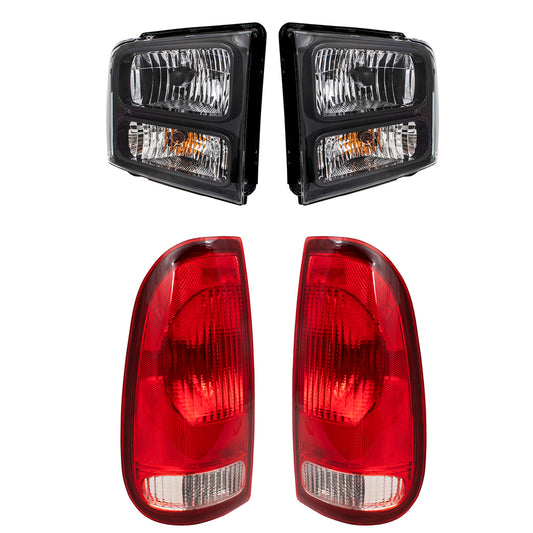 Brock Replacement Headlights with Black Bezels & Tail Lights Compatible with 2005 2006 2007 F-Series Super Duty Pickup Truck