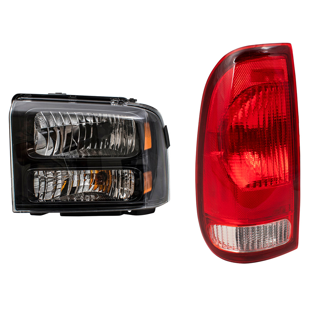 Brock Replacement Headlights with Black Bezels & Tail Lights Compatible with 2005 2006 2007 F-Series Super Duty Pickup Truck