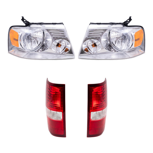 Brock Aftermarket Replacement Driver Left Passenger Right Halogen Combination Headlight Assemblies with Chrome Bezel and Styleside Tail Light Units 4 Piece Set Compatible with 2004-2008 Ford F-150