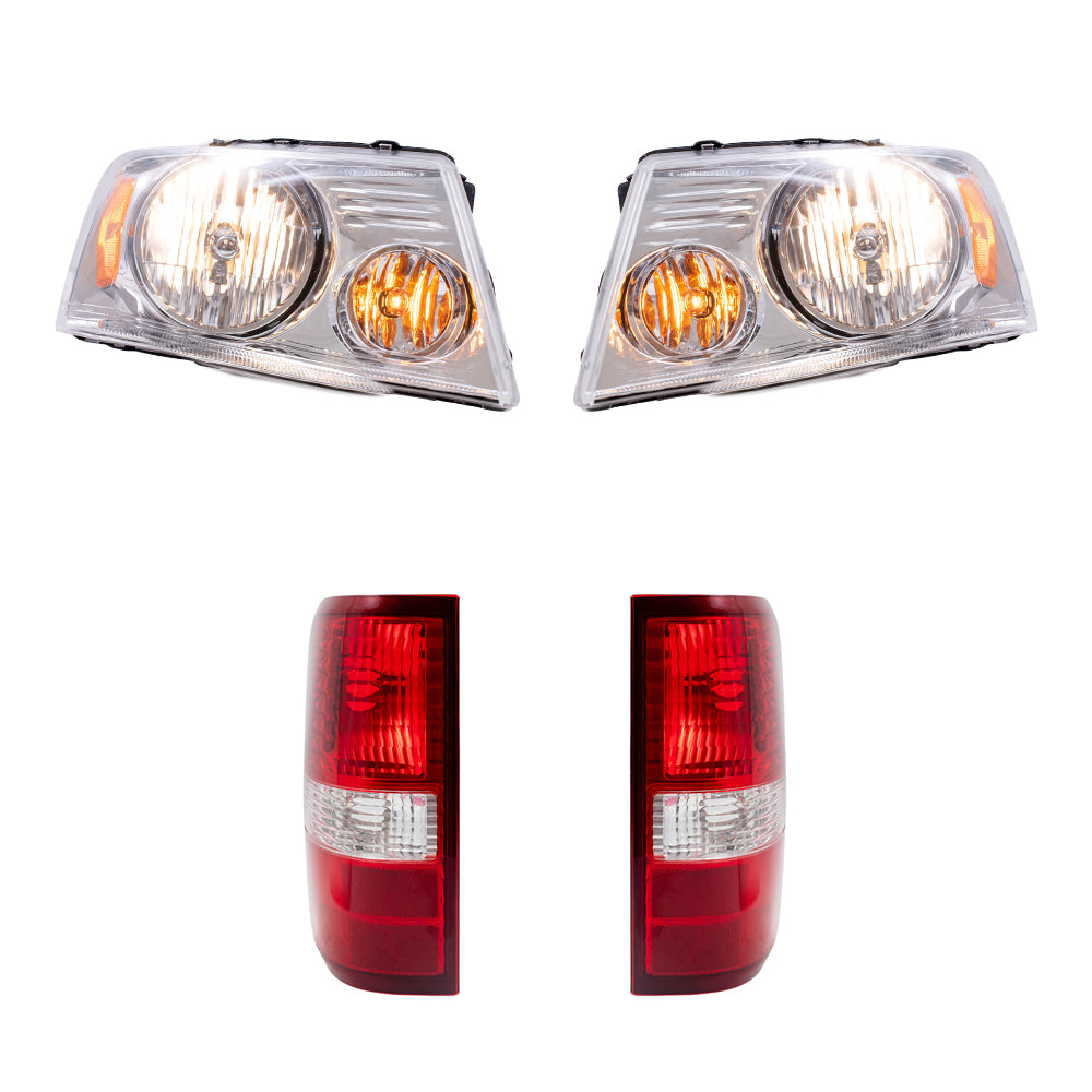 Brock Aftermarket Replacement Driver Left Passenger Right Halogen Combination Headlight Assemblies with Chrome Bezel and Styleside Tail Light Units 4 Piece Set Compatible with 2004-2008 Ford F-150