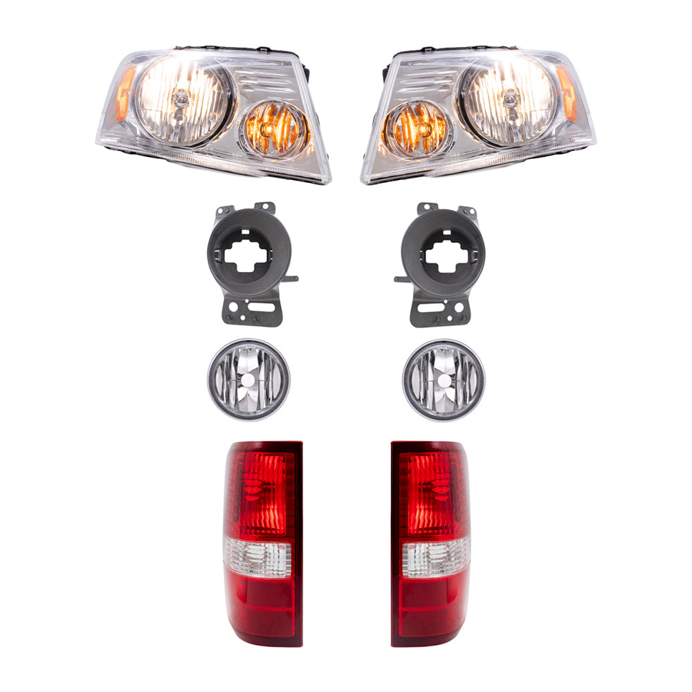 Brock Aftermarket Replacement Driver Left Passenger Right Headlights with Chrome Bezel-Round Fog Lights-Brackets and Styleside Tail Lights 8 Piece Set Compatible with 2006-2008 Ford F-150