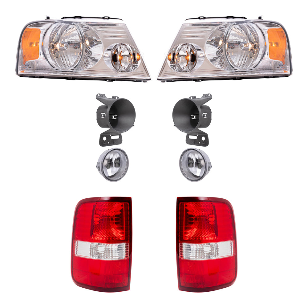 Brock Aftermarket Replacement Driver Left Passenger Right Headlights with Chrome Bezel-Round Fog Lights-Brackets and Styleside Tail Lights 8 Piece Set Compatible with 2006-2008 Ford F-150