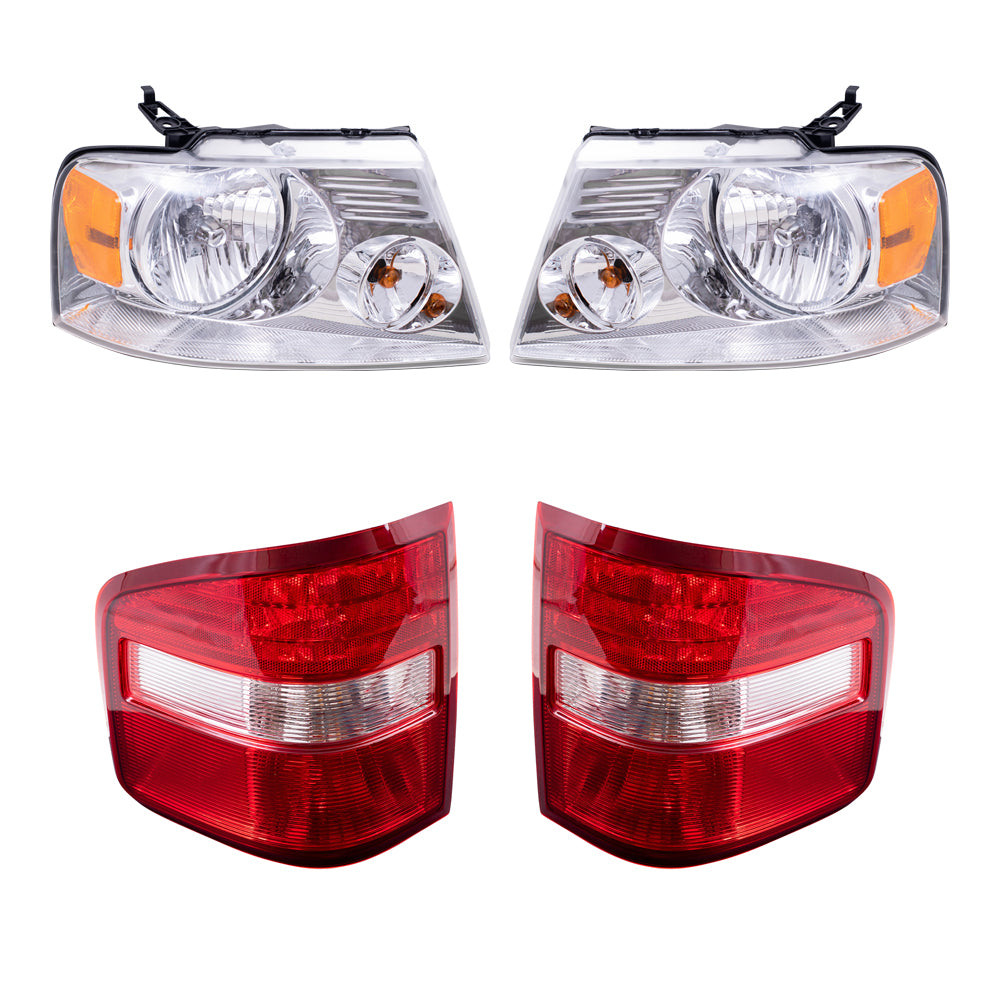 Brock Aftermarket Replacement Driver Left Passenger Right Halogen Combination Headlight Assemblies with Chrome Bezel and Flareside Tail Lights 4 Piece Set Compatible with 2004-2008 Ford F-150