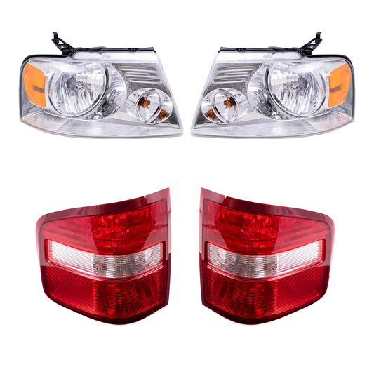 Brock Aftermarket Replacement Driver Left Passenger Right Halogen Combination Headlight Assemblies with Chrome Bezel and Flareside Tail Lights 4 Piece Set Compatible with 2004-2008 Ford F-150