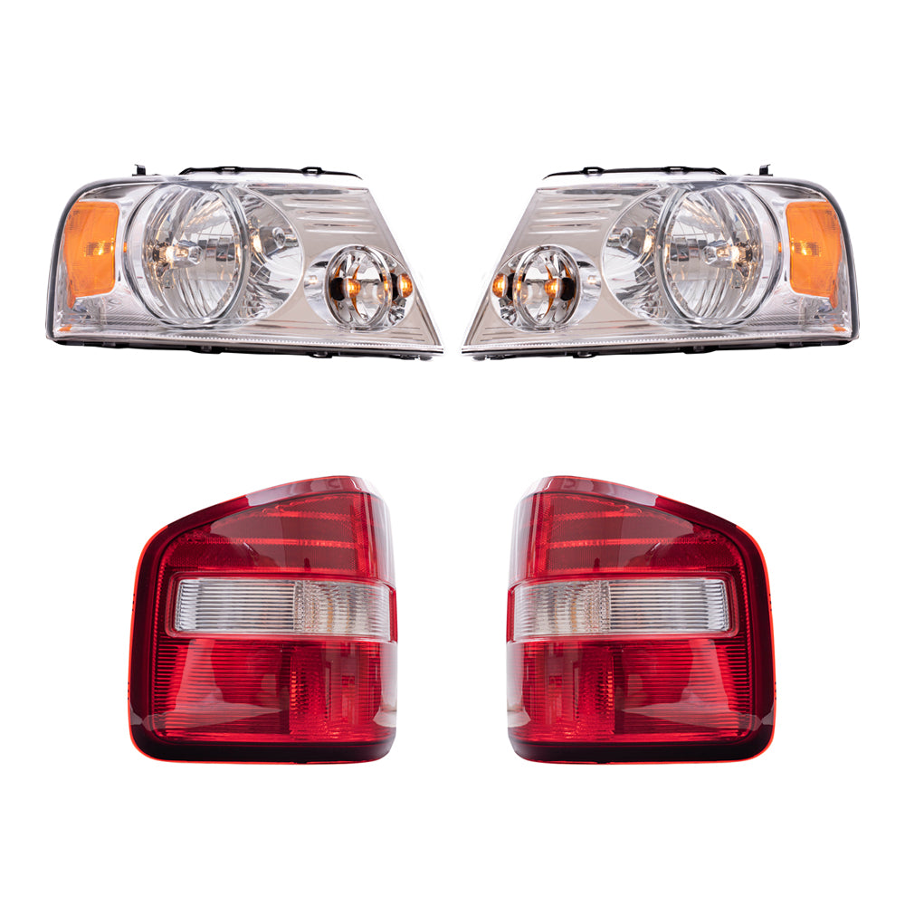 Brock Aftermarket Replacement Driver Left Passenger Right Halogen Combination Headlight Assemblies with Chrome Bezel and Flareside Tail Lights 4 Piece Set Compatible with 2004-2008 Ford F-150