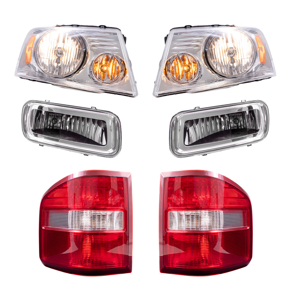 Brock Aftermarket Replacement Driver Left Passenger Right Halogen Combination Headlights with Chrome Bezel-Rectangular Fog Lights -Tail Lights 6 Piece Set Compatible with 2004-2006 Ford F-150