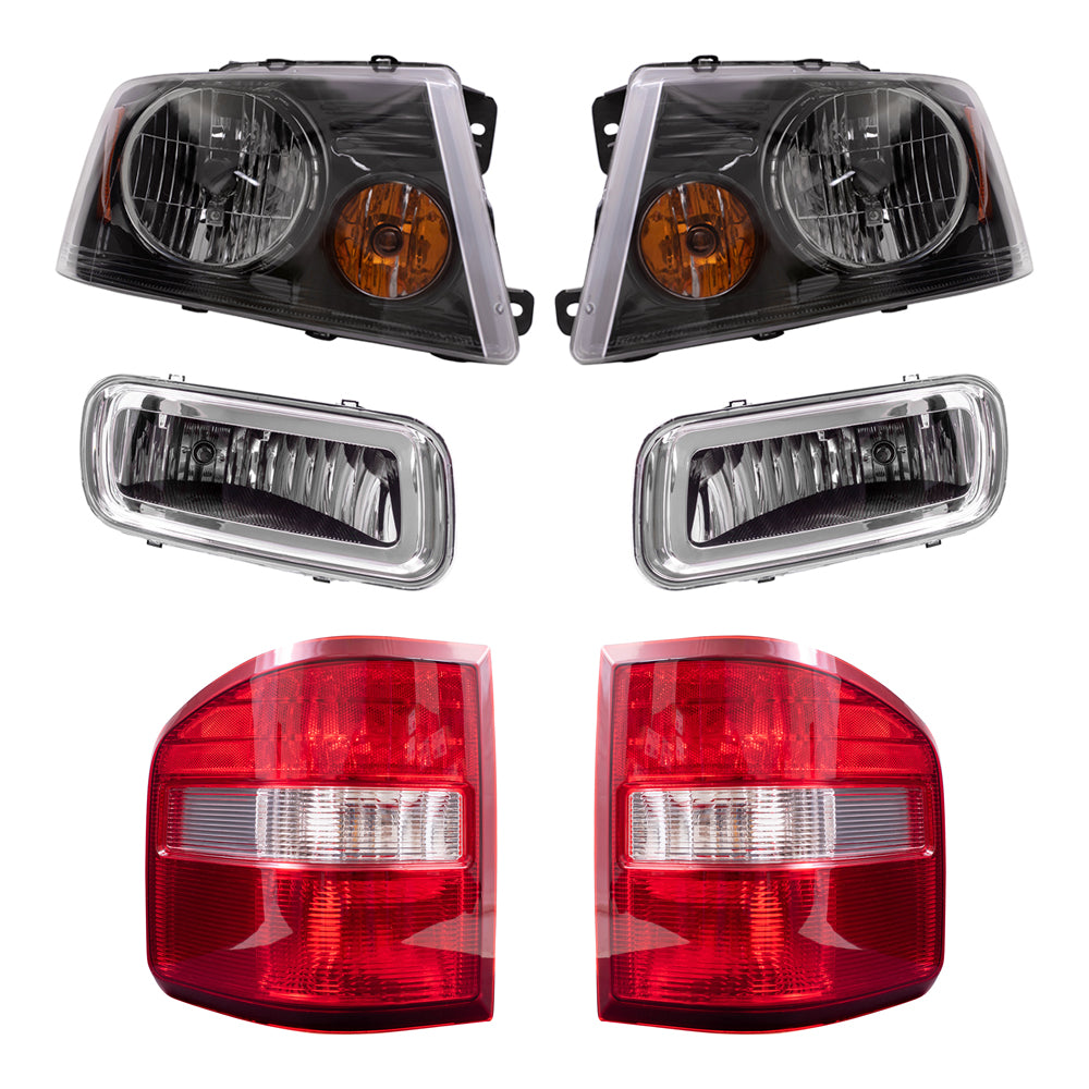 Brock Aftermarket Replacement Driver Left Passenger Right Halogen Combination Headlights-Rectangular Fog Lights-Flareside Tail Lights 6 Piece Set Compatible with 2004-2006 Ford F-150
