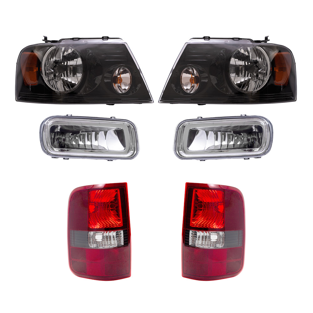 Brock Aftermarket Replacement Driver Left Passenger Right Halogen Combination Headlights-Rectangular Fog Lights-Flareside Tail Lights 6 Piece Set Compatible with 2004-2006 Ford F-150