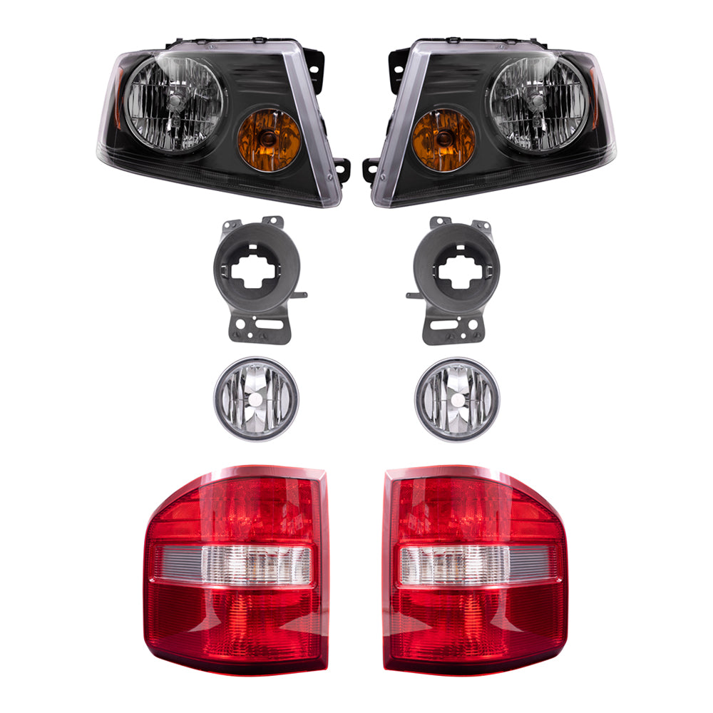 Brock Aftermarket Replacement Driver Left Passenger Right Headlights-Round Fog Lights-Fog Light Mounting Brackets-Flareside Tail Lights 8 Piece Set Compatible with 2006-2008 Ford F-150