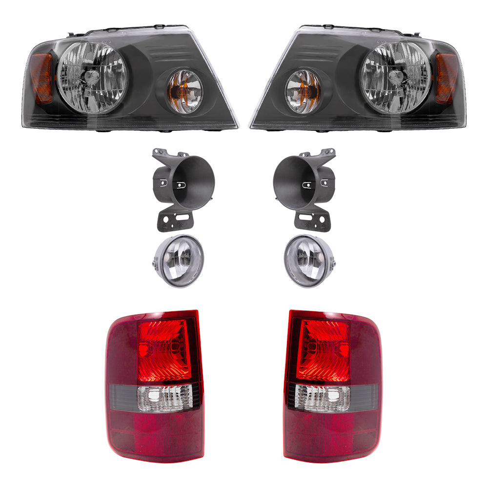 Brock Aftermarket Replacement Driver Left Passenger Right Headlights-Round Fog Lights-Fog Light Mounting Brackets-Flareside Tail Lights 8 Piece Set Compatible with 2006-2008 Ford F-150
