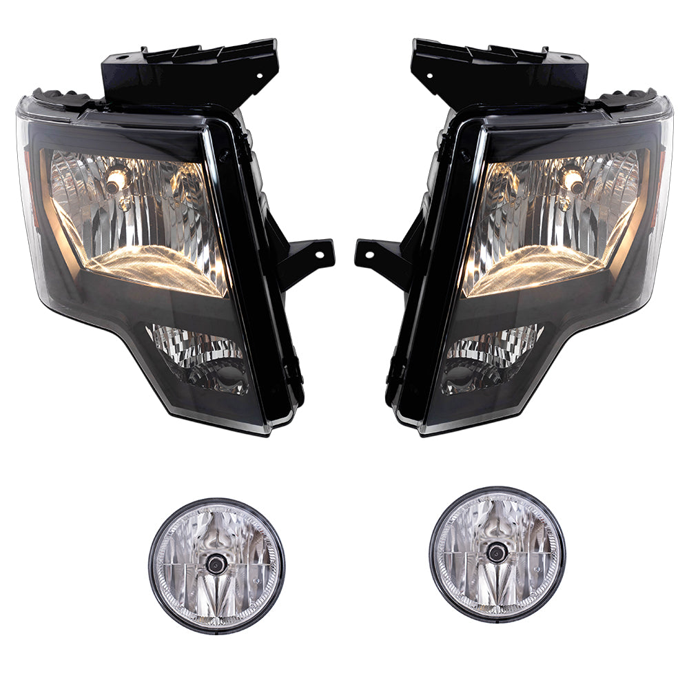 Brock Aftermarket Replacement Driver Left Passenger Right Halogen Combination Headlight Assembly With Black Bezel And Fog Lights 4 Piece Performance Set Compatible With 2011-2014 Ford F-150