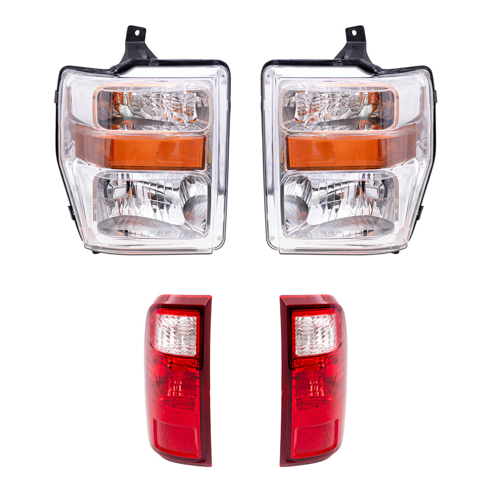Brock Replacement Driver and Passenger Side Headlight and Taill Light Assemblies 4 Piece Set Compatible with 2008-2010 Ford Super Duty