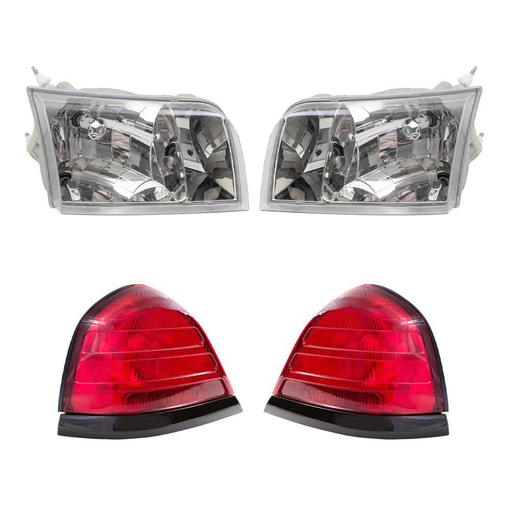Brock Aftermarket Replacement Driver Left Passenger Right Halogen Headlights and Tail Lights with Red Lens-Black-Trim-2 Bulbs 4 Piece Set Compatible with 1999-2011 Ford Crown Victoria