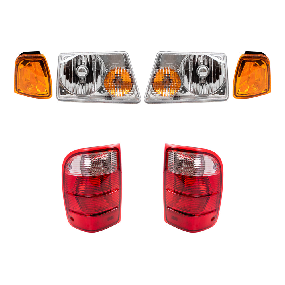Brock Replacement 6 Pc Headlights, Tail Lights and Park Signal Lamps Set Compatible with 2001-2005 Ranger