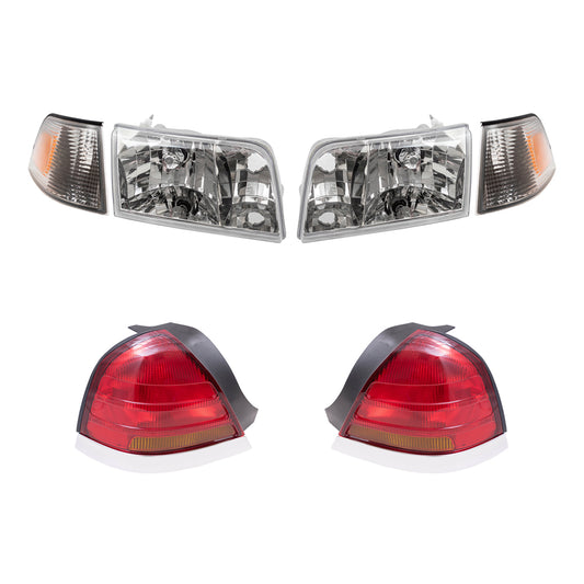 Brock Aftermarket Replacement Driver Left Passenger Right Headlights-Park/Side Marker Lights -Tail Lights with Red-Amber Lens-4 Bulb Sockets 6 Pc Set Compatible with 1998-2003 Ford Crown Victoria