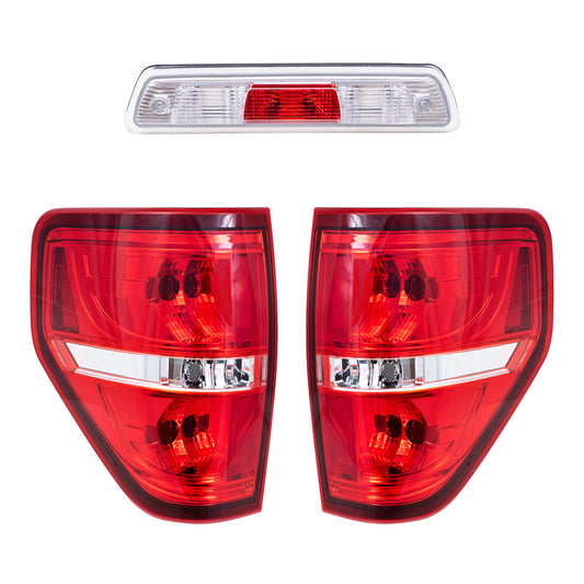 Brock Replacement Driver and Passenger Side Tail Light Units with Red Trim Smoked & 3rd Brake Light Unit 3 Piece Performance Set compatible with 2009-2014 Ford F-150 Styleside