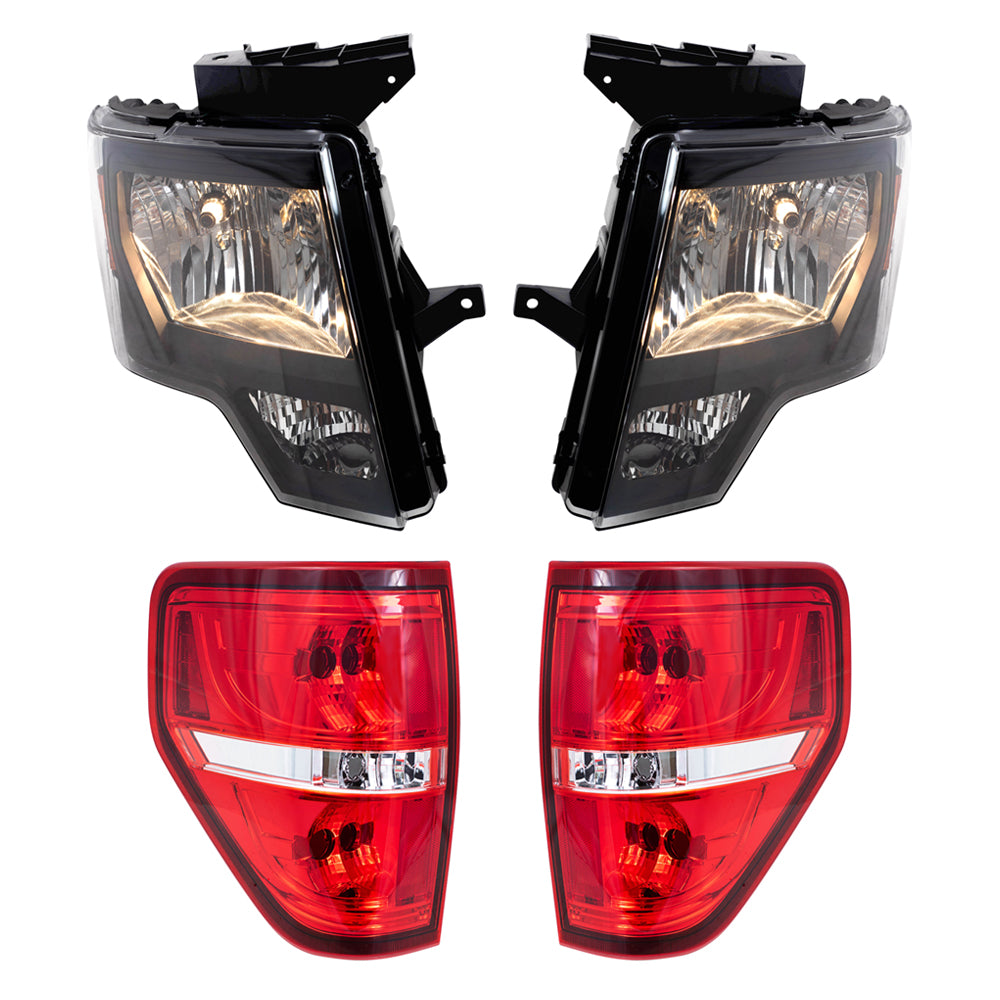 Brock Replacement Driver & Passenger Side Halogen Combination Headlights with Black Trim & Tail Lights with Red Trim-Smoked 4 Pc Performance Set Compatible with 09-14 Ford F-150 Styleside