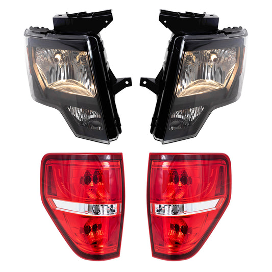 Brock Replacement Driver & Passenger Side Halogen Combination Headlights with Black Trim & Tail Lights with Red Trim-Smoked 4 Pc Performance Set Compatible with 09-14 Ford F-150 Styleside