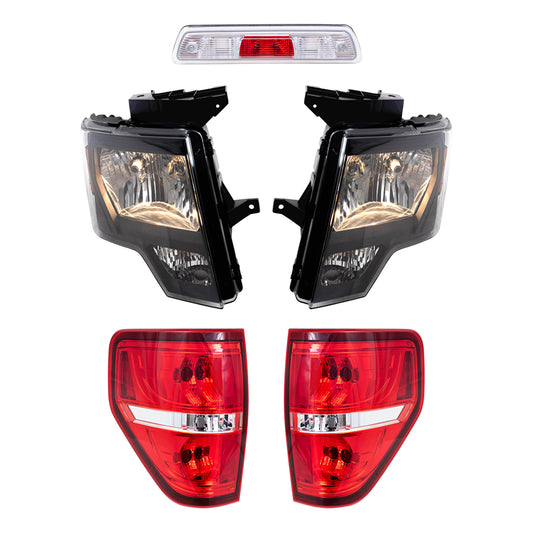 Brock Replacement Driver & Passenger Side Halogen Combination Headlights, Tail Lights, & 3rd Brake Light 5 Pc Performance Set Compatible with 09-14 Ford F-150 Styleside