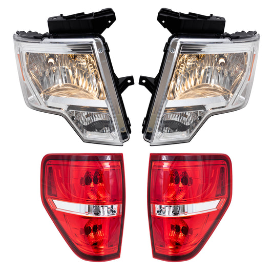 Brock Replacement Driver & Passenger Side Halogen Combination Headlights with Chrome Trim & Tail Lights with Red Trim-Smoked 4 Pc Performance Set Compatible with 09-14 Ford F-150 Styleside