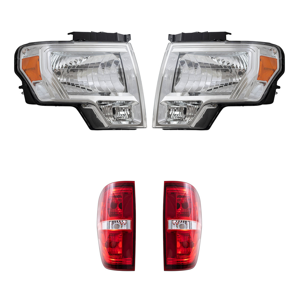 Brock Replacement Driver & Passenger Side Halogen Combination Headlights with Chrome Trim & Tail Lights with Red Trim-Smoked 4 Pc Performance Set Compatible with 09-14 Ford F-150 Styleside
