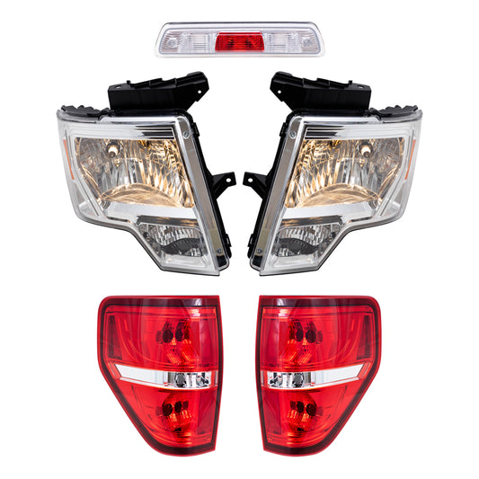 Brock Replacement Driver & Passenger Side Halogen Combination Headlights, Tail Lights, & 3rd Brake Light 5 Pc Performance Set Compatible with 09-14 Ford F-150 Styleside