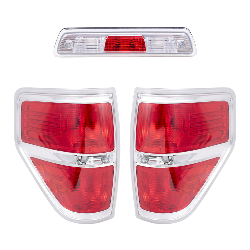 Brock Replacement Driver and Passenger Side Tail Light Units with Chrome Trim & 3rd Brake Light Unit 3 Piece Set Compatible with 2009-2014 Ford F-150 Styleside