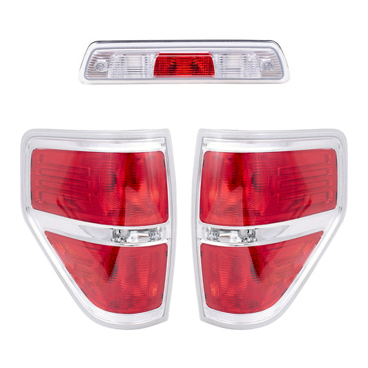 Brock Replacement Driver and Passenger Side Tail Light Units with Chrome Trim & 3rd Brake Light Unit 3 Piece Set Compatible with 2009-2014 Ford F-150 Styleside