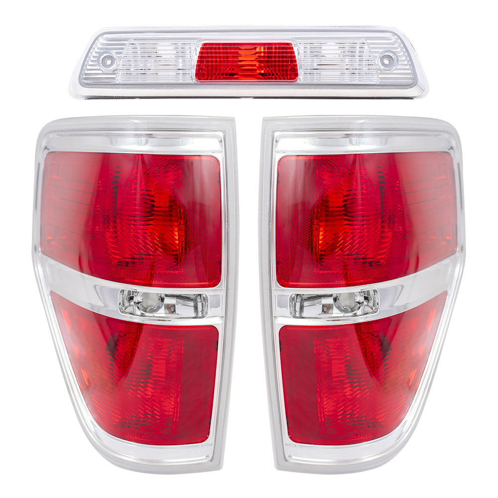 Brock Replacement Driver and Passenger Side Tail Light Units with Chrome Trim & 3rd Brake Light Unit 3 Piece Set Compatible with 2009-2014 Ford F-150 Styleside