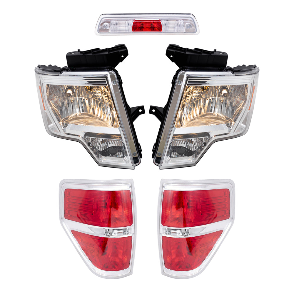 Brock Aftermarket Replacement Part Driver & Passenger Side Halogen Combination Headlights, Tail Lights, & 3rd brake Light Unit 5 Pc Performance Set Compatible with 2009-2014 Ford F-150 Styleside