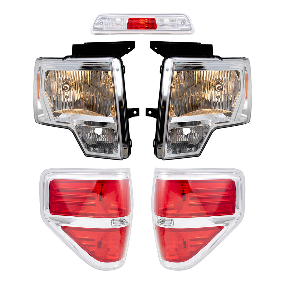 Brock Aftermarket Replacement Part Driver & Passenger Side Halogen Combination Headlights, Tail Lights, & 3rd brake Light Unit 5 Pc Performance Set Compatible with 2009-2014 Ford F-150 Styleside