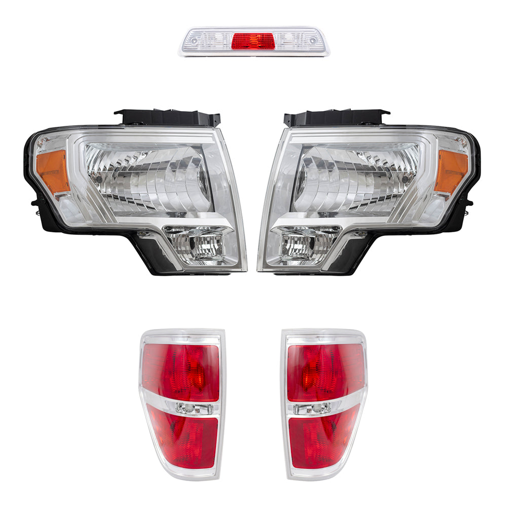 Brock Aftermarket Replacement Part Driver & Passenger Side Halogen Combination Headlights, Tail Lights, & 3rd brake Light Unit 5 Pc Performance Set Compatible with 2009-2014 Ford F-150 Styleside