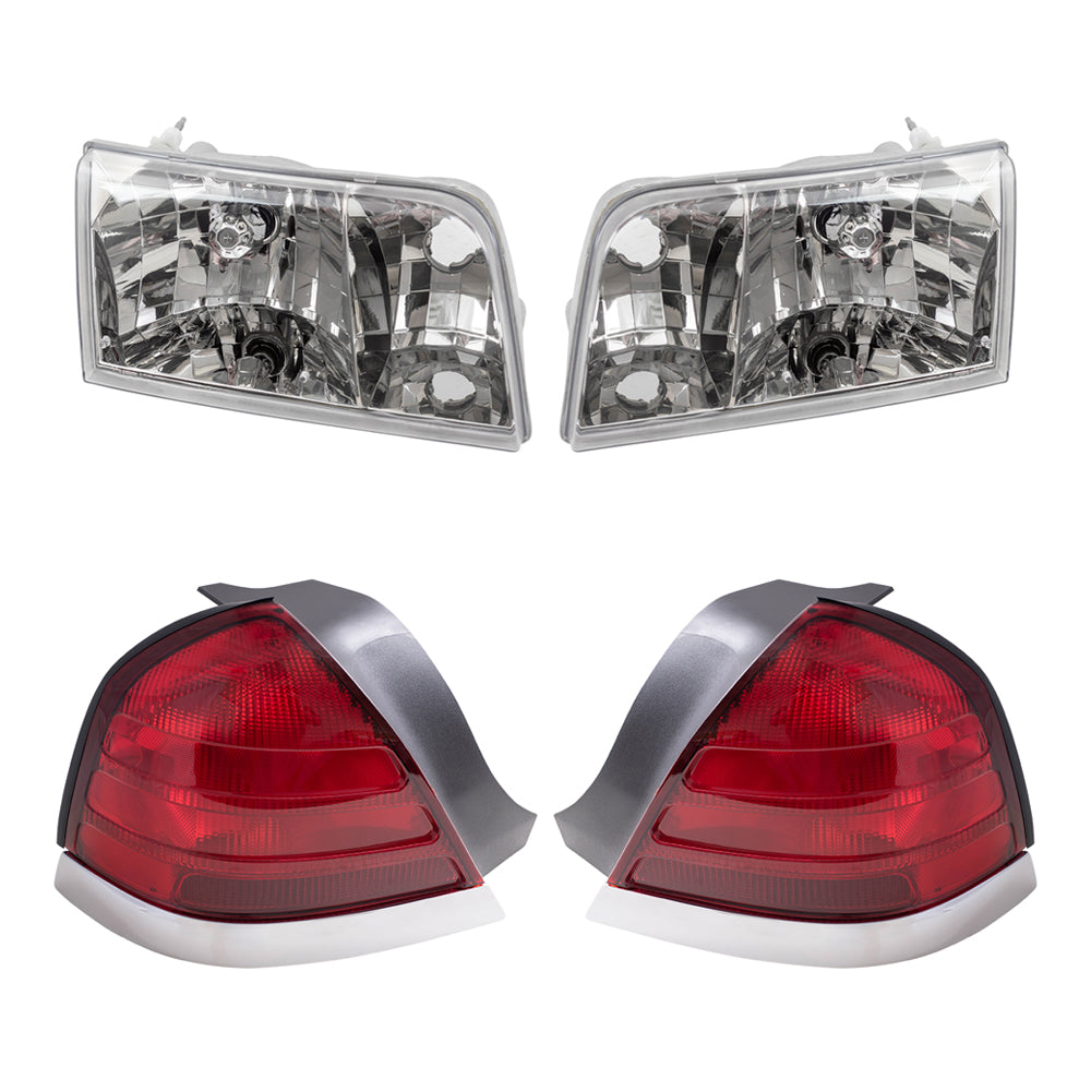 Brock Aftermarket Replacement Driver Left Passenger Right Halogen Headlights-Tail Lights with Red Lens-Chrome Trim-2 Bulb Sockets 4 Piece Set Compatible with 1999-2011 Ford Crown Victoria