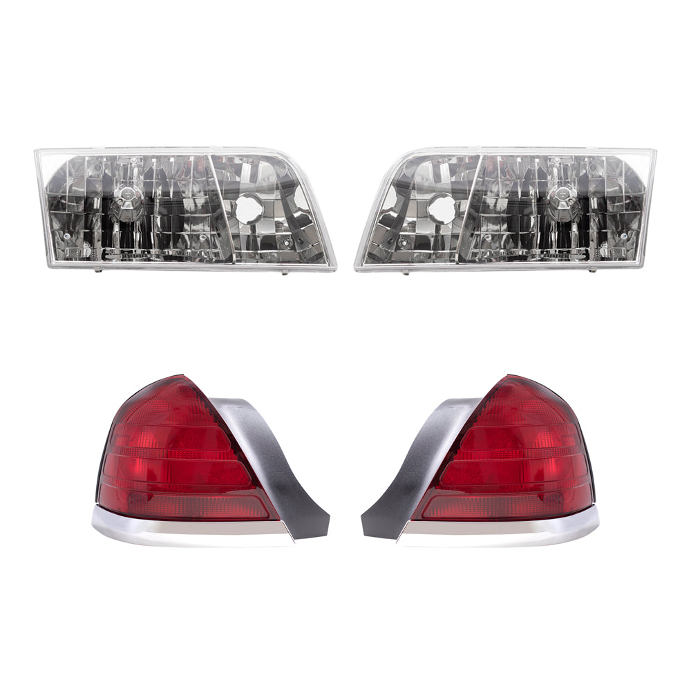 Brock Aftermarket Replacement Driver Left Passenger Right Halogen Headlights-Tail Lights with Red Lens-Chrome Trim-2 Bulb Sockets 4 Piece Set Compatible with 1999-2011 Ford Crown Victoria