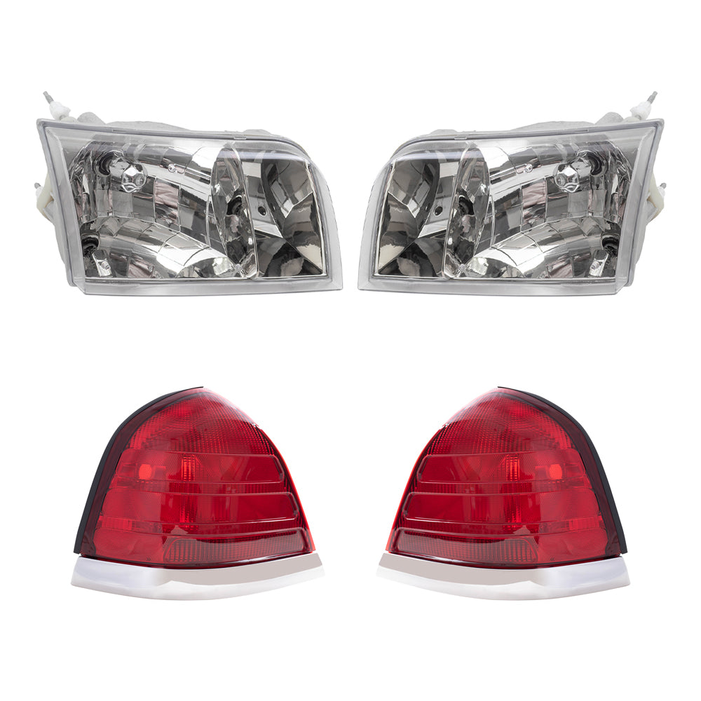 Brock Aftermarket Replacement Driver Left Passenger Right Halogen Headlights-Tail Lights with Red Lens-Chrome Trim-2 Bulb Sockets 4 Piece Set Compatible with 1999-2011 Ford Crown Victoria