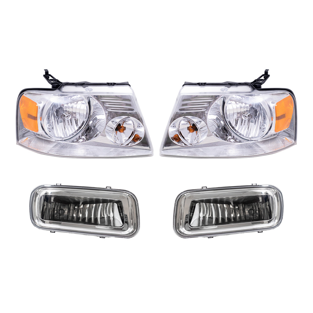 Brock Aftermarket Replacement Driver Left Passenger Right Halogen Combination Headlight Set with Chrome Bezel-Rectangular Fog Lights 4 Piece Set Compatible with 2004-2006 Ford F-150
