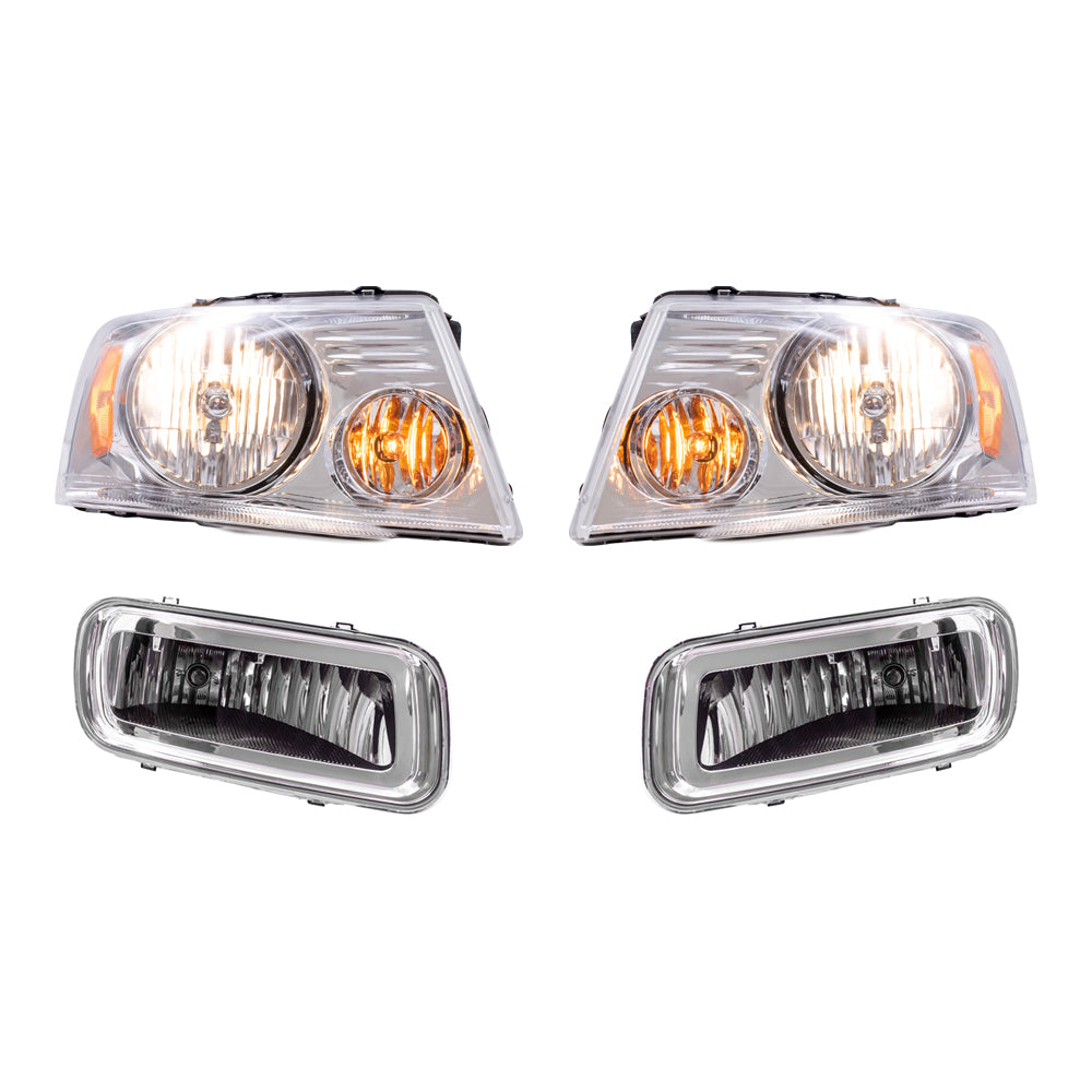 Brock Aftermarket Replacement Driver Left Passenger Right Halogen Combination Headlight Set with Chrome Bezel-Rectangular Fog Lights 4 Piece Set Compatible with 2004-2006 Ford F-150