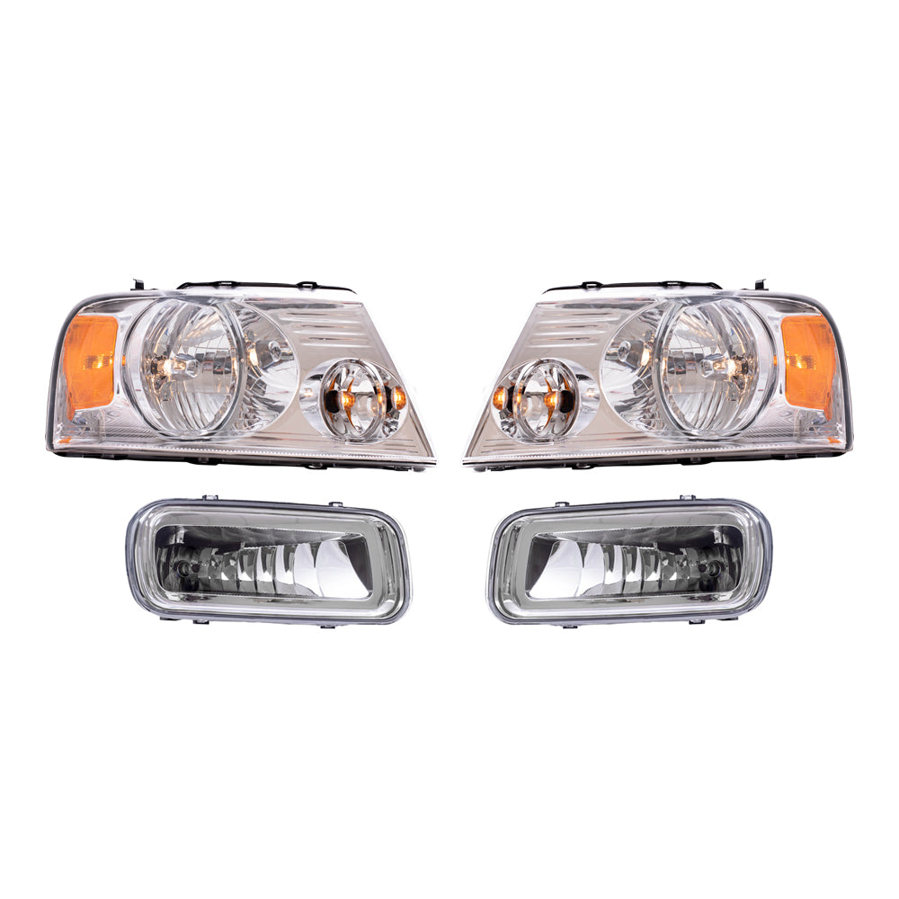 Brock Aftermarket Replacement Driver Left Passenger Right Halogen Combination Headlight Set with Chrome Bezel-Rectangular Fog Lights 4 Piece Set Compatible with 2004-2006 Ford F-150