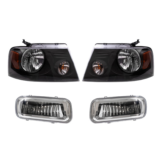 Brock Aftermarket Replacement Driver Left Passenger Right Headlights with Shadow Gray Bezel and Rectangular Fog Lights 4 Piece Set Compatible with 2004-2006 Ford F-150