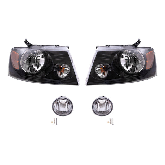 Brock Aftermarket Replacement Driver Left Passenger Right Headlights with Black Bezel and Round Fog Lights 4 Piece Set Compatible with 2006-2008 Ford F-150