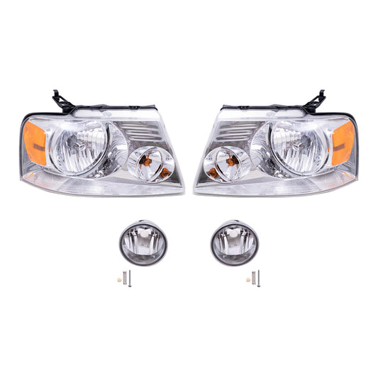 Brock Aftermarket Replacement Driver Left Passenger Right Headlights with Chrome Bezel and Round Fog Lights 4 Piece Set Compatible with 2006-2008 Ford F-150