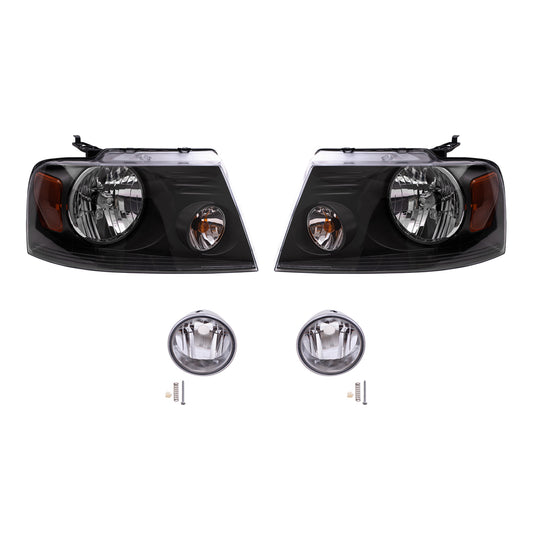 Brock Aftermarket Replacement Driver Left Passenger Right Headlights with Shadow Gray Bezel and Round Fog Lights 4 Piece Set Compatible with 2006-2008 Ford F-1500