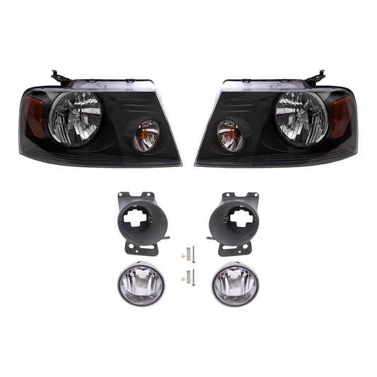 Brock Aftermarket Replacement Driver Left Passenger Right Headlights Shadow Gray Black Bezel-Round Fog Lights-Mounting Brackets 6 Piece Set Compatible with 2006-2008 Ford F-150
