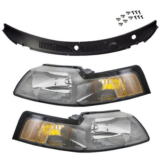Brock Replacement Set Halogen Headlights with Cowl Grille Panel Compatible with 01-04 Mustang Coupe Convertible