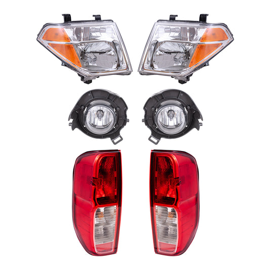 Brock Replacement Driver and Passenger Side Halogen Combination Headlights, Fog Lights and Tail Lights 6 Piece Set Compatible with 2005-2008 Frontier with Plastic Bumper